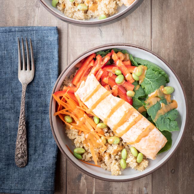 Thai salmon dinner bowl with peanut sauce